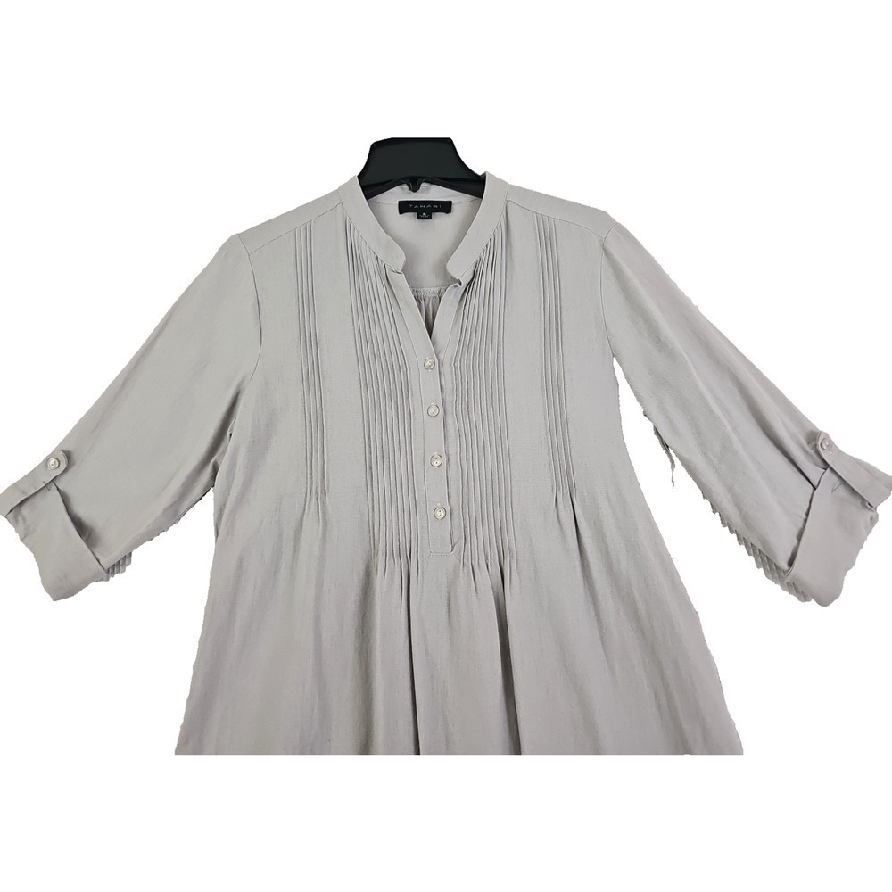 Tahari ~Woman Size S~ Gray Linen Blend Dress Pleated Coastal Roll-Up Sleeves. - Picture 14 of 15